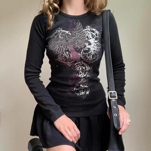 Grunge Shirts Emo Clothe Teen Girls Vintage Graphic Tee Y2k 2000s Goth Top Women Mcbling Long Sleeve Streetwear thumbnail 2