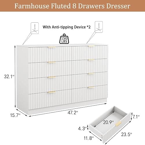 NDOHCUO Fluted 8 Drawer Dresser for Bedroom,47.2''W Modern Dresser for Closet with Metal Handle, Wooden Chest of Drawers for Bedroom, Living Room, Hallway, White thumbnail 2