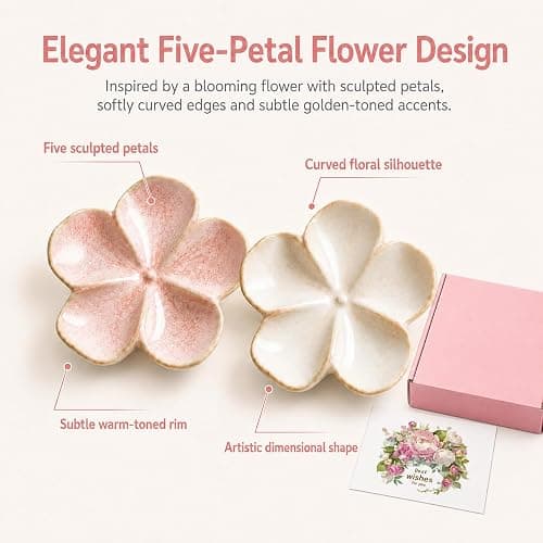 Ceramic Flower Jewelry Ring Trinket Dish Tray, Gifts for Women, 2 Pieces | Kiln-Variation Glaze, Organizer for Necklaces Bracelet Key, Aesthetic Nightstand Bedroom Bathroom Room Decor, Dishwasher Safe thumbnail 7