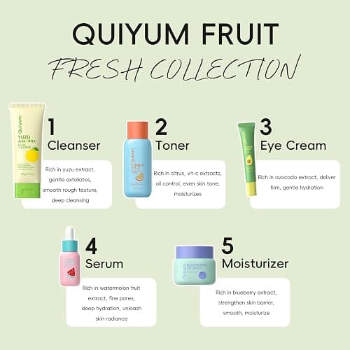 QUIYUM Fruit Skin Care Set, 5 Daily Routine Beauty Skin Care for Teens 10-12 - Gift Sets with Cleanser, Vit-C Toner, Eye Cream, Cream, Serum, Facial Care Set for Women, Mothers, Girls,Travel Sets thumbnail 2