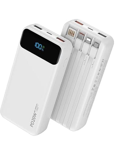 Nusyddy Portable Charger 20000mAh with 4 Built-in Cables & 6 Outputs White | High Capacity, PD20W Fast Charging, LED Display, Pass Through, 6-Devices-in-1, TSA Approved, Fits iPhone, iPad, Samsung - Image 1