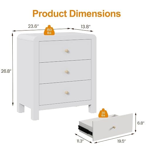 RoyalCraft 3 Drawer Dresser, Modern Chest of Drawers with Rounded Table Corners, Wooden Closet Dresser Nightstand Side Table with Ample Storage Space for Bedroom, Living Room, Entryway, White - White thumbnail 2