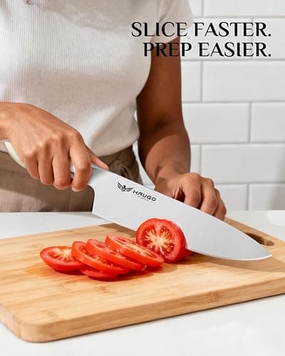 Haugo Kitchen Knife Set with Block: 14-Piece German Stainless Steel Full Tang Professional Knife - Comfortable Grip Reduces Hand Fatigue 30% - Dishwasher Safe & Sharpener - White Knife Set for Cooking thumbnail 7