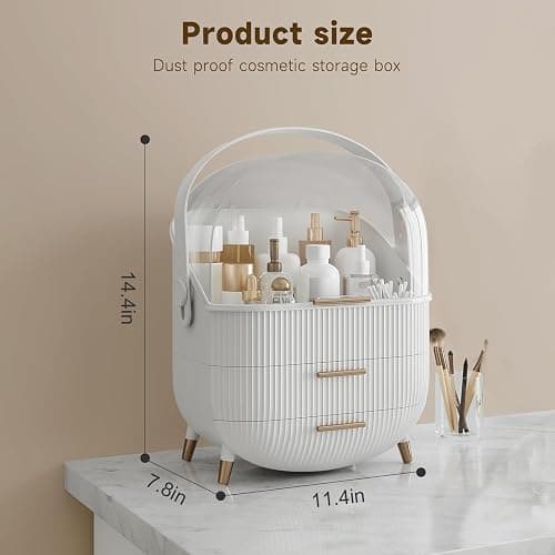 Makeup Organizer Storage Box, Cosmetics Display Case with Transparent Cover, Dust Waterproof Cosmetics Storage Box Suitable for Bathroom Countertop and Bedroom Vanity Dresser (White) thumbnail 3