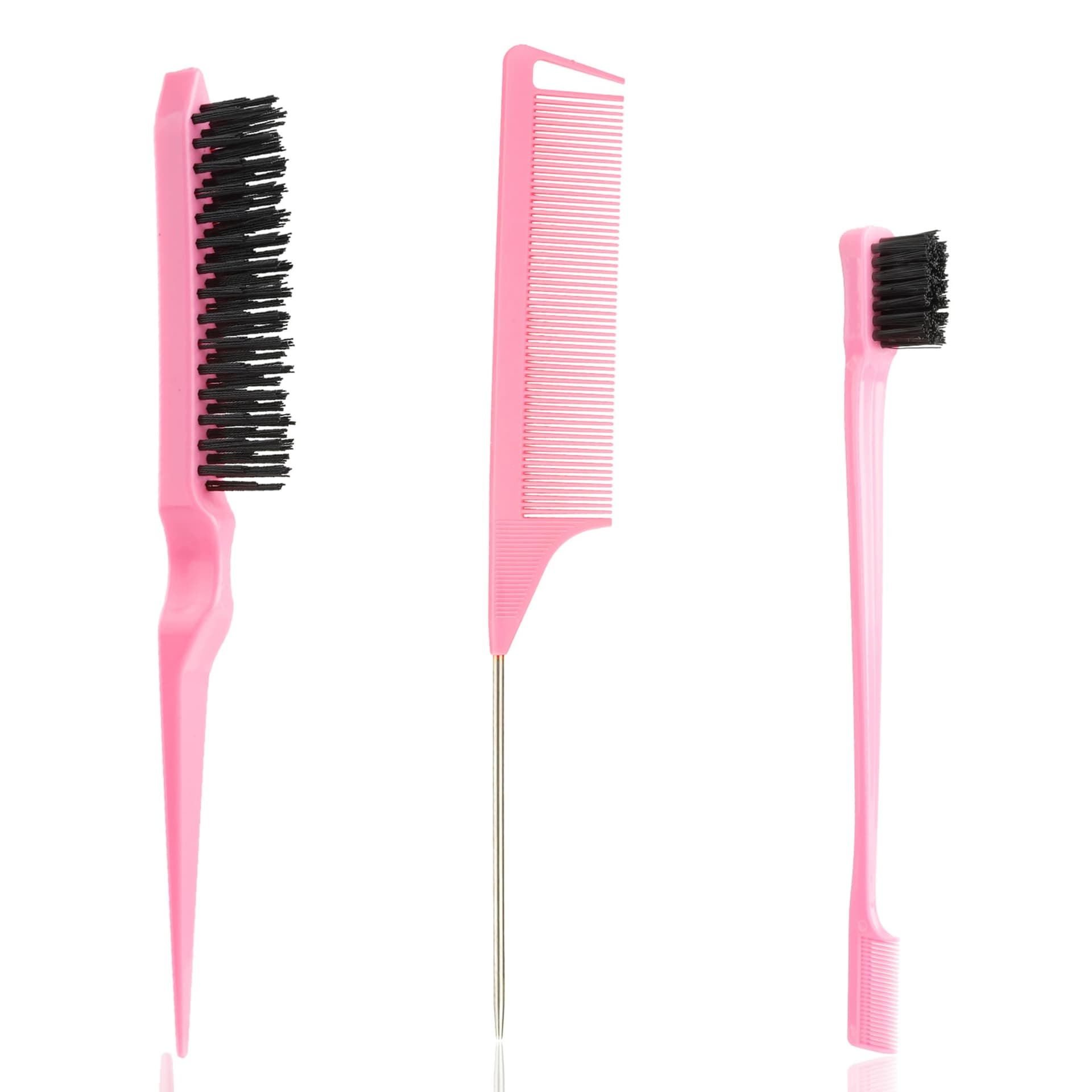 Slick Back Hair Brush, 3 Pcs Comb Set Edge Brush Bristle Hair Brush Rat Tail Comb, Curly Hair Brush, Styling Tools & Appliances, Hair Styling Tools, Parting Comb,Teasing Comb for Women Baby Pink - Image 1