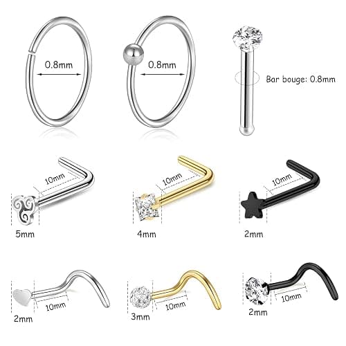 ONESING 35-70 PCS 18G 20G Nose Rings for Women & Men - Gold Hoops, L Shape, Studs & Screw - 316L Surgical Stainless Steel thumbnail 2