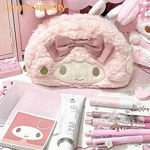 Vobomo Cute Bow Lamb Large Capacity Pencil Case Plush Pen Holder Sweety Pencil Pouch Box Cute Aesthetic Pen Case (Strawberry pink) thumbnail 2