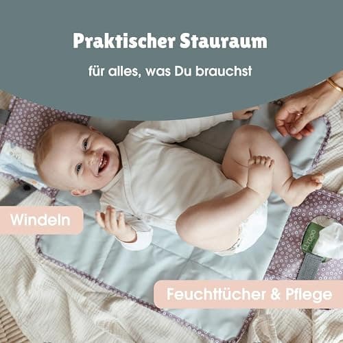 emma & noah Wickelunterlage für Unterwegs, 82x52 cm (gefaltet 25x18 cm), Abwaschbar, Wickeltasche mit Windeltasche für den Kinderwagen, Organizer für Windeln und Feuchttücher (Check Smile) thumbnail 6