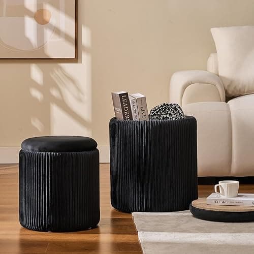 Round Set of 2 Ottoman with Storage-Upholstered Velvet Vanity Stool for Makeup Multifunctional Ottomans Coffee Table Padded Seat Foot Rest for Living Room&Bedroom (Black) thumbnail 2
