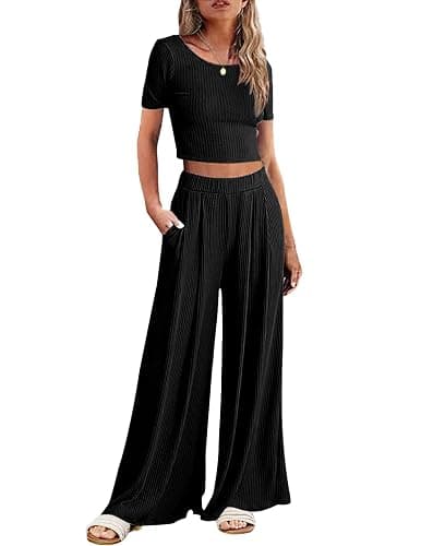 Ekouaer Women's 2 Piece Lounge Sets Short Sleeve Pajama Set Ribbed Knit Crop Top Wide Leg Pants Loungewear S-XXL - Image 1