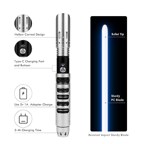 CVCBSER Dueling Lightsaber, 15 Colors Changeable with 12 Mode Sound Effect Premium Metal Handle Sturdy Blade Light Saber (RGB-X-Silver) thumbnail 3