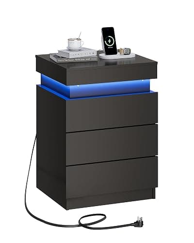 WLIVE Nightstand with Charging Station & Led Lights, Modern Bedside Table with 3 Drawers and Sliding Top, End Table with Hidden Space for Bedroom, Living Room, 26.8'' Height Night Stand, Black - Image 1