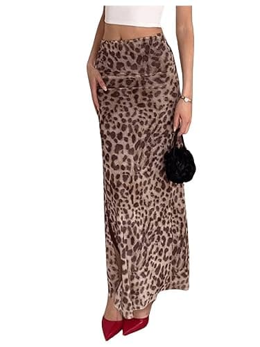 BEAUDRM Women's Y2K Leopard Print Skirts Ruched Side Slit Maxi Skirt Mesh Sheer High Waisted Long Skirt Cheetah Bodycon Skirt - Image 1