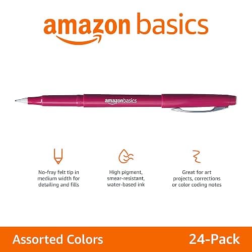 Amazon Basics Felt Tip Marker Pens, Assorted Colors, No-Fray Felt Tip, Smear-Proof, for Writing, Drawing, Journaling and Note Taking, 24-Pack thumbnail 3