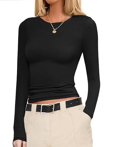 Ekouaer Womens Long Sleeve Shirts Fitted Tops Stretchy Base Layer Basic Tight Thermal Undershirt XS-XXL - Image 1
