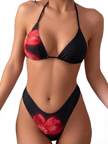 MakeMeChic Women's Polka Dots Triangle Thong Bikini Sets Floral Cute Bathing Suit Swimsuits thumbnail 4