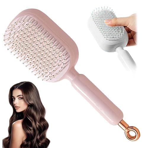 Self Cleaning Hair Brush, Retractable Hair Brush with Massage Bristles, Anti-Static Easy Clean Comb for All Hair Types, One-Pull Hair Styling Brush (Pink) - Image 1