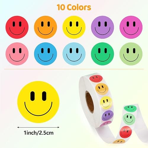 Wercokt 2000PCS Happy Face Stickers, 1 Inch, 10 Colors, Stickers for Kids Reward, Water Bottle Smiling Stickers, for Student Planner and School Classroom Teacher Charts Calendar Gift Wrapping thumbnail 3