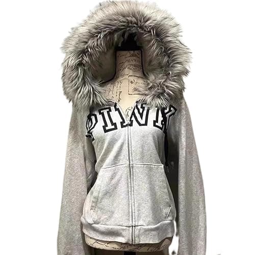 dsumvns Women's Y2k Zip Up Hoodie Fur Jackets Emo Grunge Crop Winter Coats Teen 2000s Vintage Streetwear - Image 1