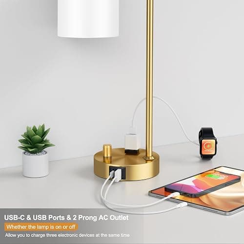 Innqoo Gold Lamp for Bedroom - Industrial Bedside Table Lamp with USB Port and Outlet, Fully Dimmable Nightstand Lamp with Opal Glass Shade, Small Desk Lamps for Home Office thumbnail 3