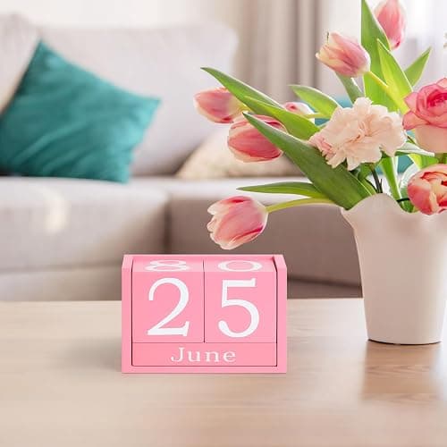 DEERINE Wooden Block Calendar for Desk, Large Size Daily Desktop Perpetual Desk Calendar, Cute Date Display Desk Accessories for Home Office Decor, Teacher, Classroom, Reusable Yearly, Pink thumbnail 2