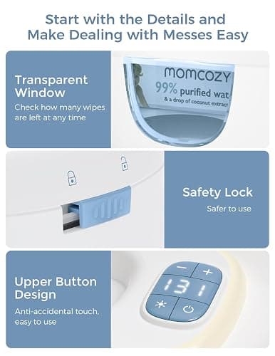 Momcozy Baby Wipe Warmer, Innovative Spring Design, Large Capacity Wipes Dispenser for 60-80pcs, Fast & Even Heating, 4 Modes of Temperature Heating Control, Diaper Wipe Warmer with Night Light, Blue thumbnail 8