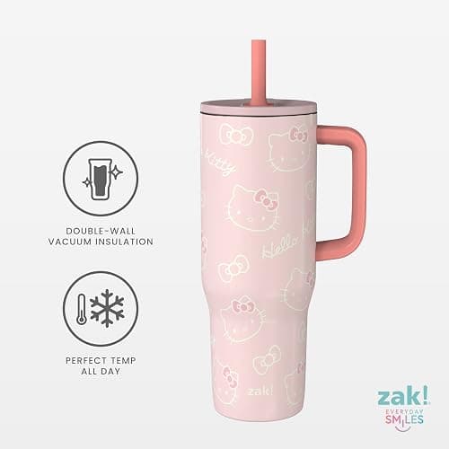 Zak Designs Sanrio Sutton Travel Tumbler for On the Go, 30oz Stainless Steel with Vacuum Insulation, Silicone Straw, and Carry Handle for Cold Drinks (Hello Kitty) thumbnail 6