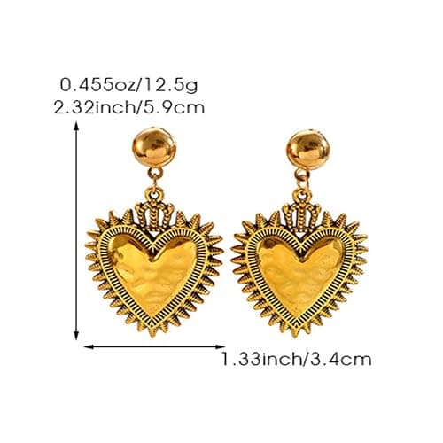 Statement Heart Gold Drop Earrings For Fashion Women Hammered Textured Sunburst Border Vintage Boho Dangle Ear Jewelry Gift Fashion Party Daily Wear thumbnail 3