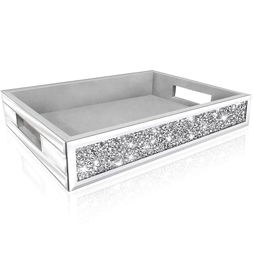 Wocred Mirror Perfume Tray fits Dresser Bedroom,Crushed Diamond Bathroom Tray with Handles，Vanity Tray,Decorative Serving Tray for Coffee Table Decor(14”x 10”x 3”) - Image 1