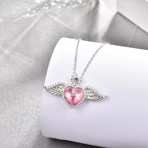 TANGPOET Engelsflügel Halskette 925 Sterling Silber Liebe Herz Kristall Kette Königin Krone Anhänger Geburtsstein Schmuck Geschenk für Frauen Mädchen mit Geschenkbox thumbnail 3