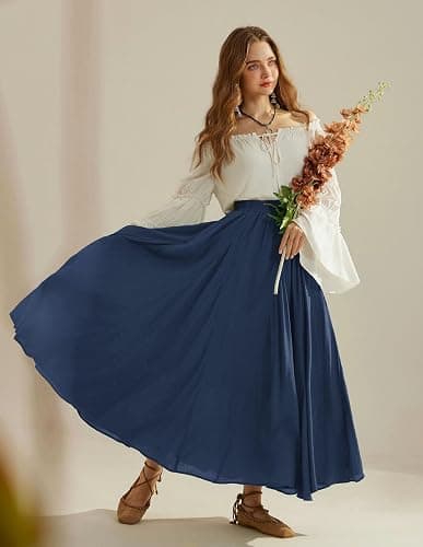 Scarlet Darkness Maxi Skirts for Women Long Flowy Boho Renaissance Skirt | Pockets, A Line, Elastic High Waist, for Summer, Casual, Vacation, Ren Faire thumbnail 7