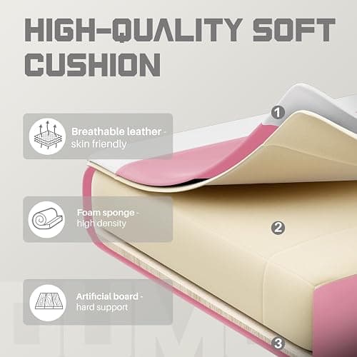 DUMOS Ergonomic Gaming Office Desk Chair with Footrest and Headrest for Adults, PU Leather Video Computer Chair with Linkage Armrests, Height Adjustable 360° Swivel Recling Chair, White Pink thumbnail 7