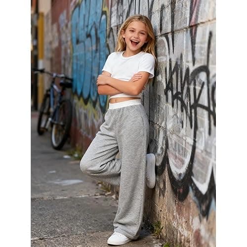 Voxikodex 7-14 Years Girls Sizes 2 Piece Casual Set Ruched Short Sleeve Fitted Waist-Cinched Top & Wide Leg Pants thumbnail 3