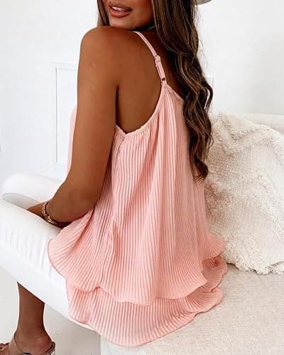 CHICME Womens Summer Tank Tops Flowy Double Layers Chiffon Blouse Casual Beaded Loose Camisole Shirts thumbnail 2
