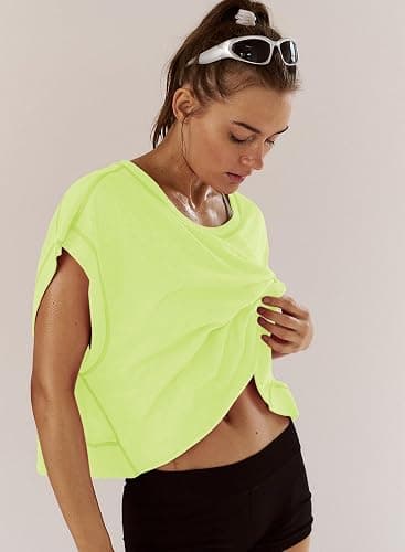 Kumufenc Women Short Sleeve Workout Shirts Open Back Tops Casual Yoga Y2k Athletic Gym Slouchy Crop Running Tees - Small - Yellow Green thumbnail 4