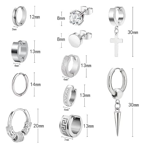 Men Earrings, Funtopia 11 Pairs Stainless Steel Small Hoop Earrings Cross Dangle Earrings Set, Fashion Huggie Earrings Piercing Jewelry for Party Birthday thumbnail 5