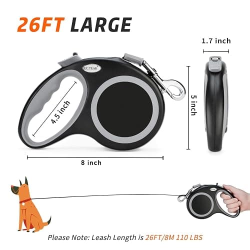 EC.TEAK Retractable Dog Leash 26 FT, Heavy Duty Dog Leash for Dogs up to 110lbs, Strong Nylon Tape No Tangle, One-Handed Brake, Pause, Lock, Perfect for Medium Large Dogs (Black, 26 FT(66-110 LBS)) thumbnail 3