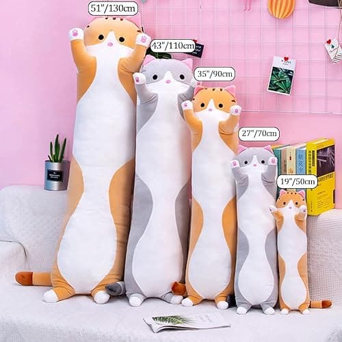 Cute Cat Plush Long Body Pillow Cuddle Cartoon Stuffed Animals Cat Plushie Soft Doll Pillows Gifts for Kids Girls (Orange, 51") - Orange-51 Inch thumbnail 6