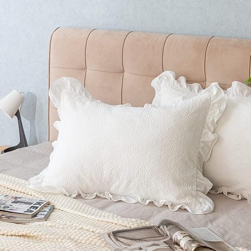 Pillow Shams Set of 2 Pure Cotton Champray Ruffled Edge,Thick and Solid Washed Dobby Heavy Fabric (Standard 20x26 inches) thumbnail 7