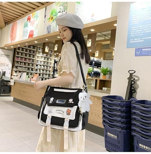 PRLINJSK Cute Messenger Bag for Teen Girls Women, Kawaii Crossbody Shoulder Purse with Pins and Stuffed Pendant Gift thumbnail 2