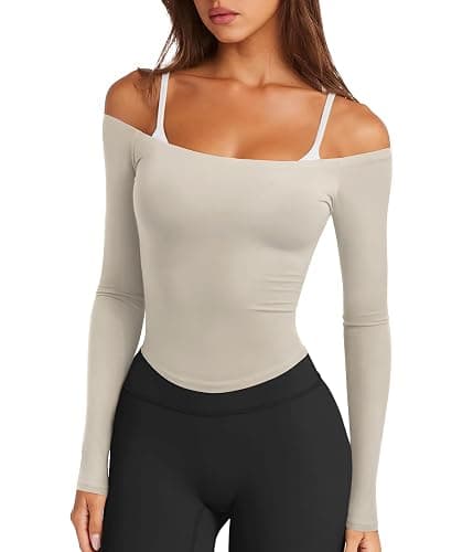 LASLULU Womens Sexy Off The Shoulder Long Sleeve Workout Tops Strapless T Shirts Crop Top Casual Fall Outfits - Image 1