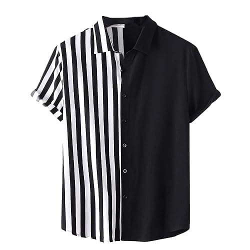 TheyLook Mens Short Sleeve Button Down Shirt Casual Summer Striped Shirts Patchwork Hawaiian Print Beach Top - Image 1