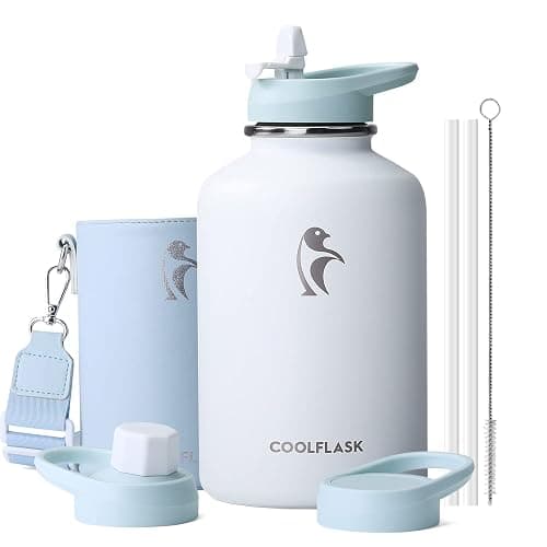 Coolflask 64 oz Water Bottle Insulated with PU Leather Sleeve, Half Gallon Water Bottle Color Contrast with Straw Lids, Stainless Steel Metal Large Water Jug, Keep Cold 48h Hot 24h,Glacier White - Image 1
