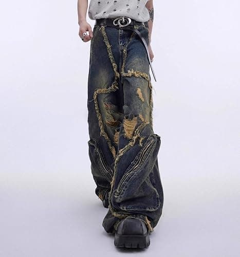 Y2k Retro Niche Baggy deconstruction Tassel Ripped Jeans Men's and Women's Large Pocket Design Sense Work Pants thumbnail 8