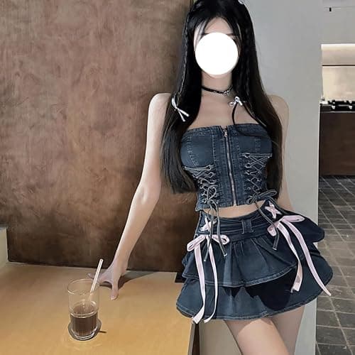 RILGOU Y2K Gothic Kawaii Elastic High Rise Ribbon Pleated Denim Short Skirt | Cutecore, Preppy Clothes, Cute Casual Style, Streetwear, Athleisure, Coquette, A Line, with Shorts Underneath, For Daily Wear thumbnail 6