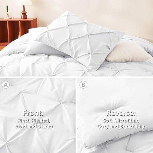CozyLux Queen Comforter Set White, 7 Pieces Pintuck Bed in A Bag, Premium White Comforter Queen Size, Pinch Pleat Bedding Sets with Comforter, Sheets, Pillowcases & Shams thumbnail 3