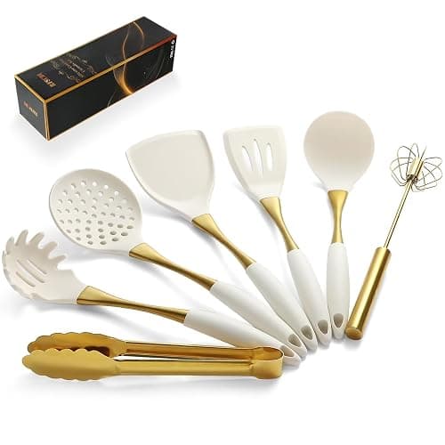 Elegant White Gold Silicone Cooking Utensils Set - Non-Toxic, Dishwasher Safe Kitchen Utensils Set with Heat Resistant Comfort Handles - Includes Spatula & Spoon for Nonstick Cookware - Image 1
