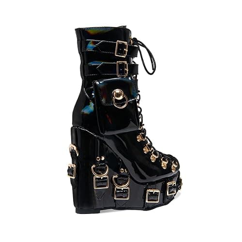 Heronticy Women's Black Patent Lace-Up Ankle Bootie with Gold Buckles, Platform Wedge Heel, and Side Zipper thumbnail 5