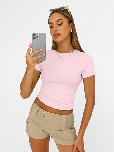 AUTOMET Women's Crew Neck Short Sleeve Summer Basic T-Shirt Stretchy Tight Fitted Soft Going Out Workout Gym Tops thumbnail 3