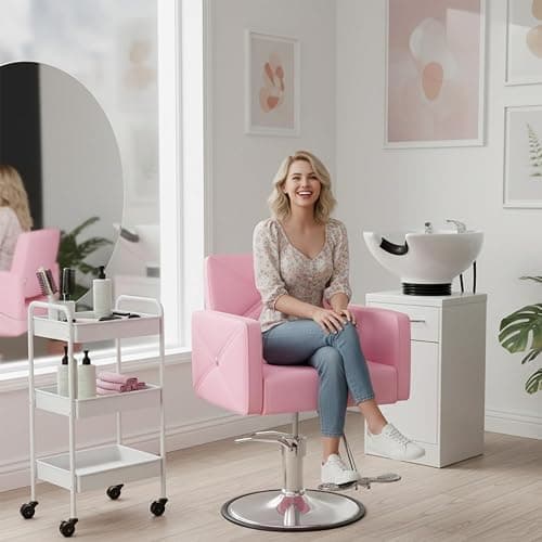 MIMWOW Salon Barber Chairs for Hair Stylist, Hair Salon Stylist Chair with Heavy Duty Hydraulic Pump Height Adjustable, 360 Degrees Rolling, Barber Braider Spa Beauty Equipment, Light Pink thumbnail 2